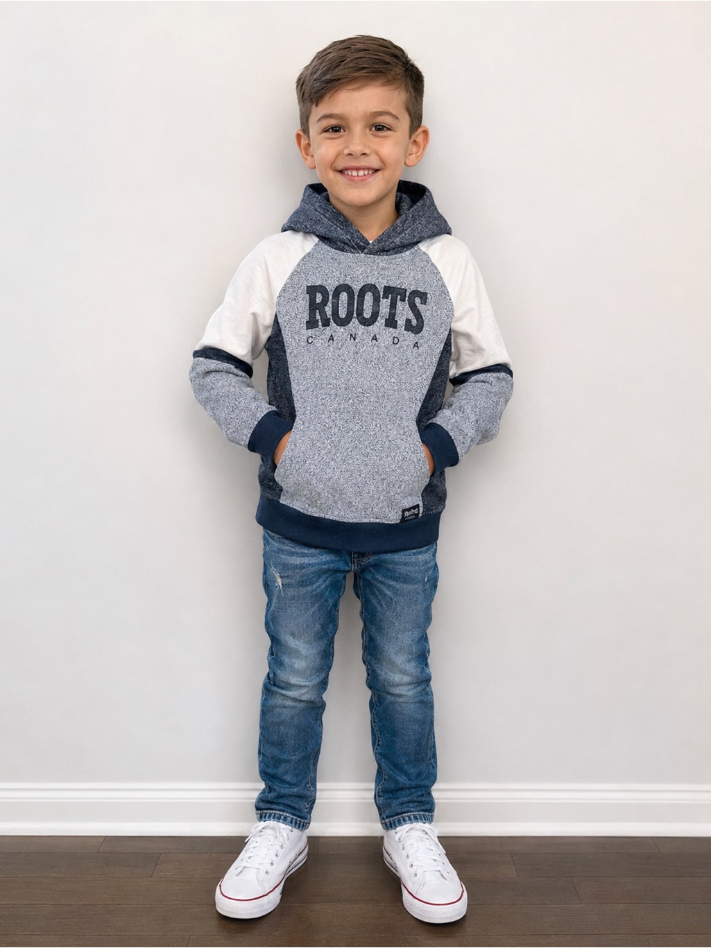 Roots Canada Hooded Sweatshirt - Grey And White Size 7/8